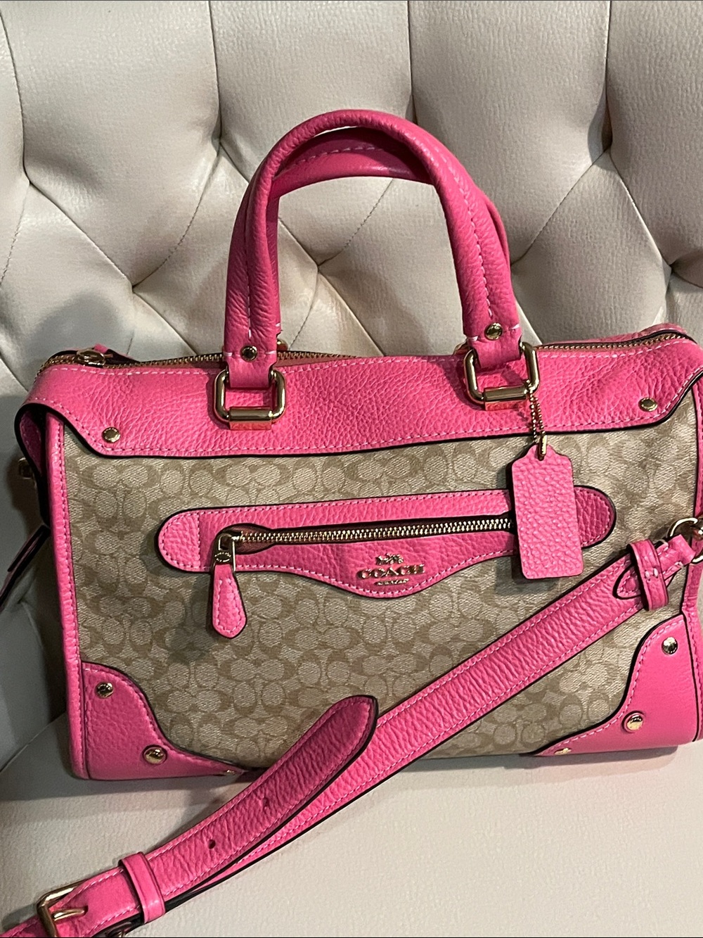 Coach Pink Beige Signature Satchel Pink Leather Trim crossbody strap RARE FIND